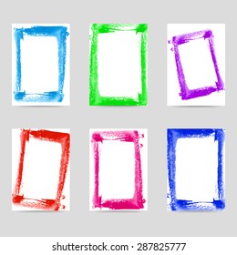 Vector watercolor background. Flyer card template set of six with colorful had drawn frames for cute design.