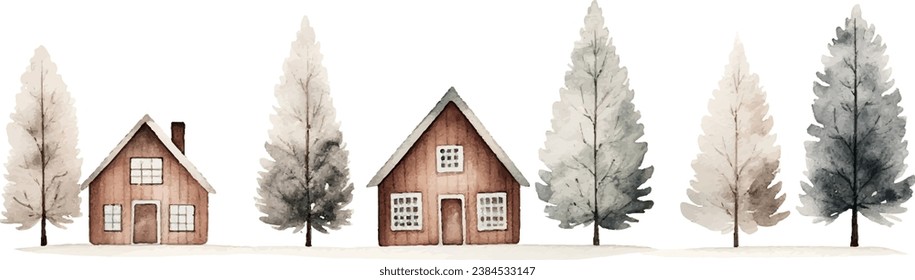 Fondo de las acuarelas del VECTOR, marco, otoño, invierno, casas, árboles, para diseño