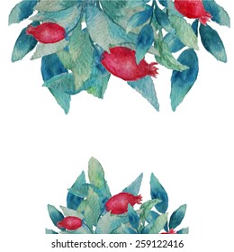 Vector watercolor background with grean leaves and berries. Artistic vector design for banners, greeting cards,sales, posters. 
