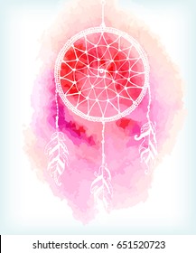 Vector watercolor background with hand drawn dreamcatcher. Hipster trendy illustration for t-shirt and other apparel, posters, stickers and greeting cards.