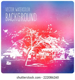 Vector watercolor background - landscape with a tree in a town