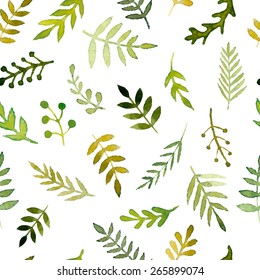 Vector watercolor background with leaves,
branches and hand drawn watercolor design elements. Nature seamless pattern