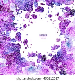 Vector watercolor background with mandala style lines. Decorative colorful backdrop element for design.