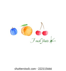 Vector watercolor background. Peach, plum and cherry. Fresh fruit. Minimalistic backdrop with fruits and text with blot. Hand drawn illustration isolated on white. 