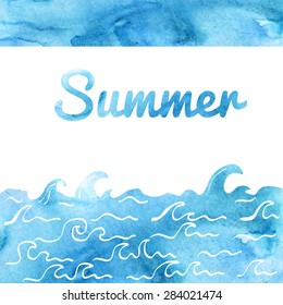 Vector watercolor background with sea waves drawn in doodle style. Bright blue card with Summer inscription.