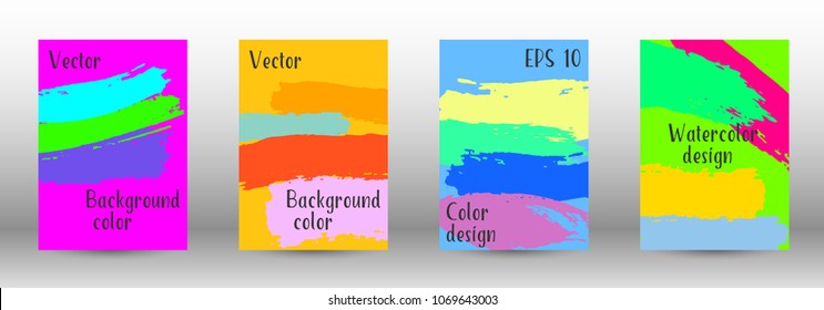 Vector watercolor background. Set from A4 modern abstract backgrounds with multicolored strokes. Template of design. Suitable for the design of banners, posters, booklets, reports, magazines. EPS 10