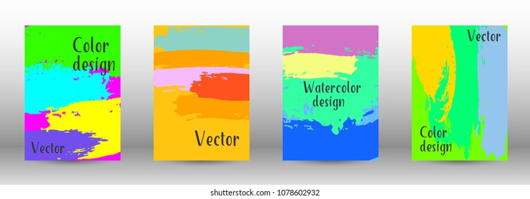 Vector watercolor background. Set from A4 modern abstract backgrounds with multicolored strokes. Template of design. Suitable for the design of banners, posters, booklets, reports, magazines. EPS 10