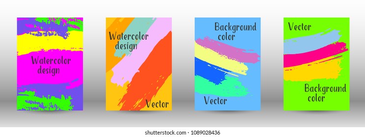 Vector watercolor background. Set from A4 modern abstract backgrounds with multicolored strokes. Template of design. Suitable for the design of banners, posters, booklets, reports, magazines. EPS 10