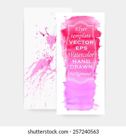 Vector watercolor background set of two in the shades of purple and pink for flyer design with color splashes and gradient wash