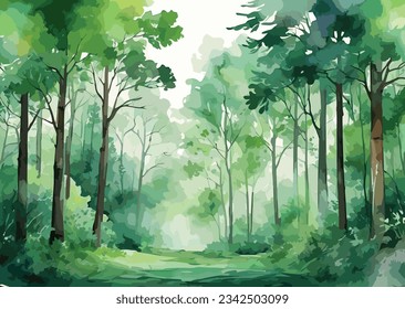 Vector watercolor background wide green forest.