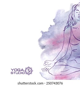 Vector watercolor background with woman sketch silhouette sitting in the lotus yoga pose