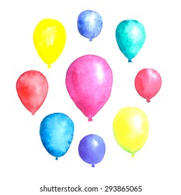 Vector watercolor balloons, isolated. Bright colors - pink, yellow, green, red, blue, sapphirine.