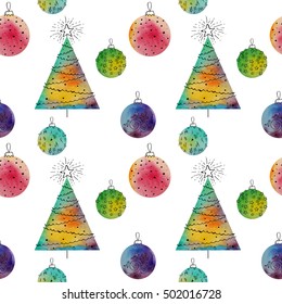 Vector watercolor balls and christmas tree seamless pattern With hand drawn elementss. Can be used for web pages, printing, textile, wrapping etc. On white background grouped