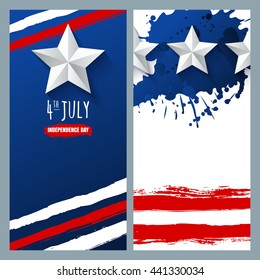 Vector watercolor banners and backgrounds. 4th of July, USA Independence Day.  Watercolor USA flag on white and blue background. Design for greeting card, holiday banner, flyer, poster. 