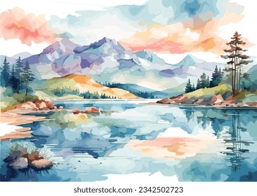 Vector acuarela hermoso lago y paisaje de montaña fondo.