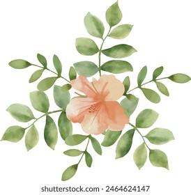 Vector Watercolor beautiful pink flower with leaves. Template, design elements for greeting cards, invitation, gender party, baby shower, birthday, event, holiday, wedding card, printable, EPS.
