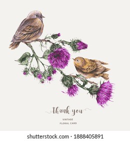 Vector watercolor bird on a branch with thistle greeting card. Vintage botanical illustration.