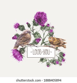 Vector watercolor bird on a branch with thistle greeting card. Vintage botanical illustration.