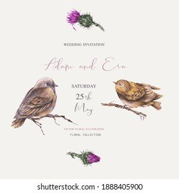 Vector watercolor bird on a branch with thistle greeting card. Vintage botanical illustration.
