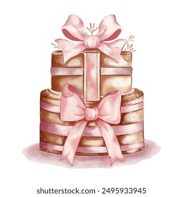 vector watercolor Birthday cake illustration. Cake with a pink bow clip art. 