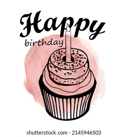 Vector watercolor birthday card with cupcake and candle.