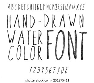 Vector watercolor black alphabet and numbers. Hand-drawn stylish slim font. 