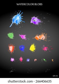 Vector watercolor blobs set isolated on dark background