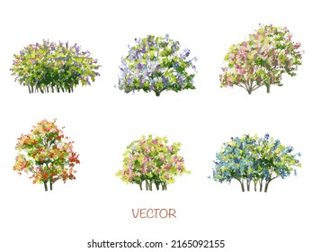 Vector watercolor blooming flower tree side view isolated on white background for landscape and architecture drawing, elements for environment and garden,botanical elements 