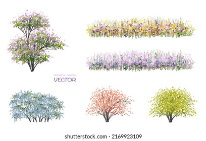 Vector Watercolor Blooming Flower Tree Or Forest Side View Isolated On White Background For Landscape And Architecture Drawing,elements For Environment Or And Garden,botanical Element For Section 