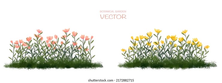 Vector watercolor blooming flower tree side view isolated on white background for landscape and architecture drawing, elements for environment or and garden,botanical elements for section 