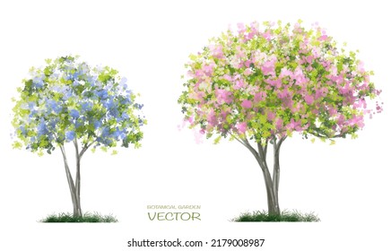 Vector watercolor blooming flower tree side view isolated on white background for landscape and architecture drawing, elements for environment or and garden,botanical elements for section 