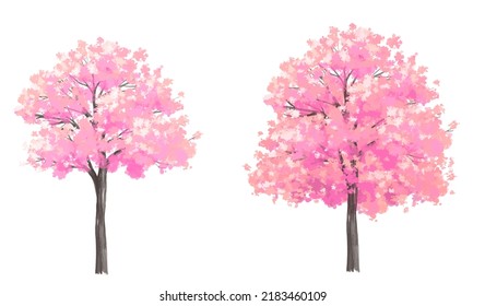 Vector watercolor blooming flower tree side view isolated on white background for landscape and architecture drawing, elements for environment or and garden,botanical elements for section