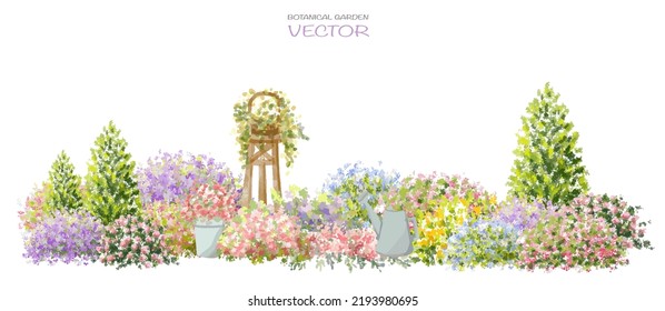 Vector watercolor blooming flower tree or forest side view isolated on white background for landscape and architecture drawing,elements for environment or and garden,botanical element for spring 