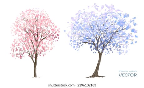 Vector watercolor blooming flower tree side view isolated on white background for landscape and architecture drawing, elements for environment or and garden,botanical elements for section 
