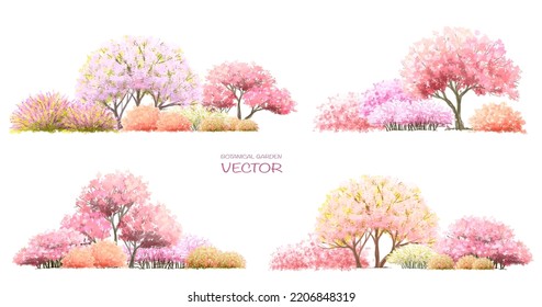  Vector watercolor blooming flower tree side view isolated on white background for landscape and architecture drawing, elements for environment or and garden,botanical elements for section in spring