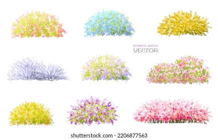 Vector watercolor blooming flower tree side view isolated on white background for landscape and architecture drawing, elements for environment or and garden,botanical elements for section in spring