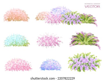 Vector watercolor blooming flower tree side view isolated on white background for landscape and architecture drawing, elements for environment or and garden,botanical elements for section in spring