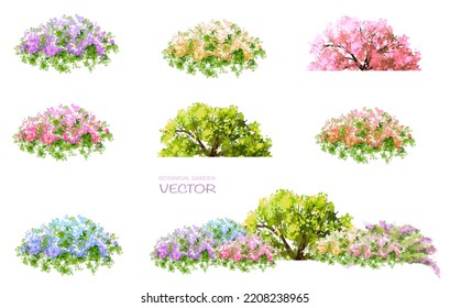 Vector watercolor blooming flower tree side view isolated on white background for landscape and architecture drawing, elements for environment or and garden,botanical elements for section in spring