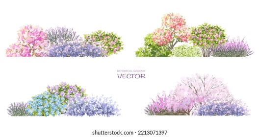 Vector watercolor blooming flower tree side view isolated on white background for landscape and architecture drawing, elements for environment or and garden,botanical elements for section 