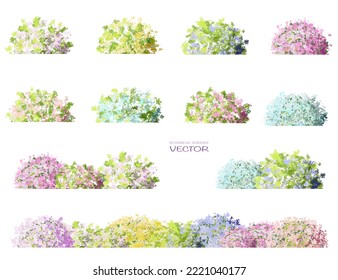 Vector watercolor blooming flower tree side view isolated on white background for landscape and architecture drawing, elements for environment and garden,botanical elements for section 