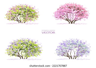 Vector watercolor blooming flower tree side view isolated on white background for landscape and architecture drawing, elements for environment and garden,botanical elements for section In spring 