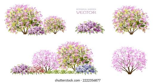 Vector watercolor blooming flower tree or forest side view isolated on white background for landscape and architecture drawing,elements for environment and garden,botanical for section in spring    