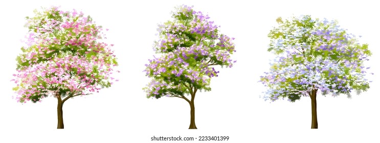 Vector watercolor blooming flower, tree or forest top view isolated on white background for landscape plan and architecture drawing,elements for environment and garden,botanical in spring