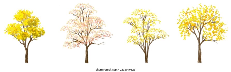 Vector acuarela flor flor árbol o vista lateral del bosque aislado en fondo blanco para el paisaje y el dibujo arquitectónico, elementos para el medio ambiente y el jardín, botánico para sección en otoño   