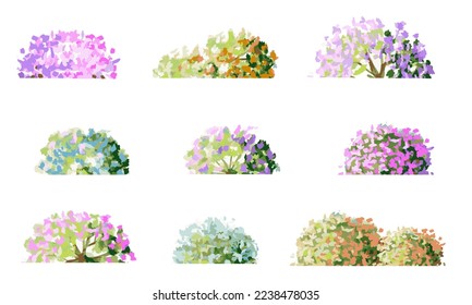  Vector watercolor blooming flower tree side view isolated on white background for landscape and architecture drawing, elements for environment and garden,botanical elements for section in spring