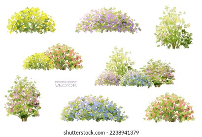 Vector watercolor blooming flower tree side view isolated on white background for landscape and architecture drawing, elements for environment and garden,botanical elements for section in spring 