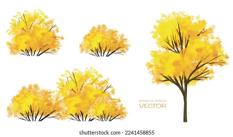 Vector watercolor blooming flower tree or forest side view isolated on white background for landscape and architecture drawing,elements for environment and garden,botanical for section in autumn   