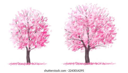 Vector watercolor blooming flower tree side view isolated on white background for landscape and architecture drawing, elements for environment and garden,botanical elements for section in spring 