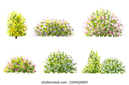 Vector watercolor blooming flower tree side view isolated on white background for landscape and architecture drawing, elements for environment and garden,botanical elements for section in spring 