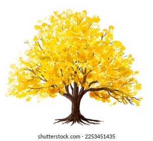 Vector watercolor blooming flower tree side view isolated on white background for landscape and architecture drawing, elements for environment and garden,botanical elements for section in autumn 